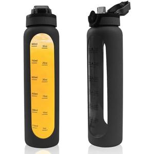1 Liter Borosilicate Glass Water Bottle with Silicone Sleeve, Drinking Bottle with Time Marker Reminder Quotes,32 Oz Leak Proof Reusable BPA Free Motivational Water Bottles, Black