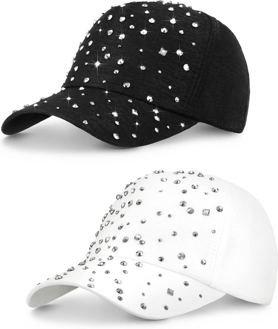 Loopeer 2 Pcs Adjustable Breathable Rhinestone Baseball Cap for Women Men Sequins Casual Sports Cap Rhinestone Hat (Black, White)