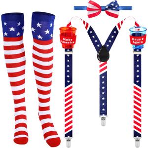 Syhood 4 Pieces Patriotic Accessories Set, Include Red White and Blue Patriotic Y Back Suspender with Cups, American Flag Bowtie and Knee Socks for Halloween July 4th Party Celebration Party