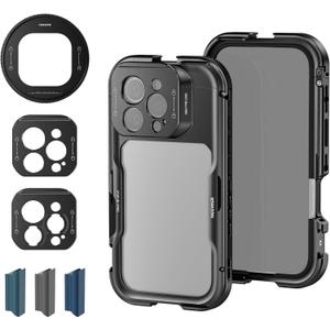 NEEWER 16 Pro Cage, Quick Release Video Rig Phone Stabilizer Compatible with iPhone 16 Pro with Adapters of 67mm Filter, 17mm Lens & T Mount Lens, Full Camera Control Access, PA073