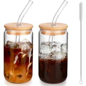 DWTS DANWEITESI Iced Coffee Cups with Lids 2 pcs,16 oz Glass Cups with Lids and Straws as Coffee Bar Accessories,Beer Drinking Glasses,Reusable Glass Tumbler,Cute Coffee Cups for Coffee, Juice, Gifts