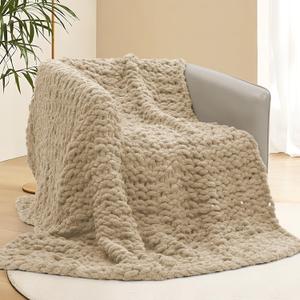 Chunky Knit Blanket Throw, 50x60inch Soft Chenille Yarn Throw, Handmade Warm Thick Cable Knit Crochet Blanket, Large Rope Knot Throw Blanket for Couch Bed Sofa,Light Khaki