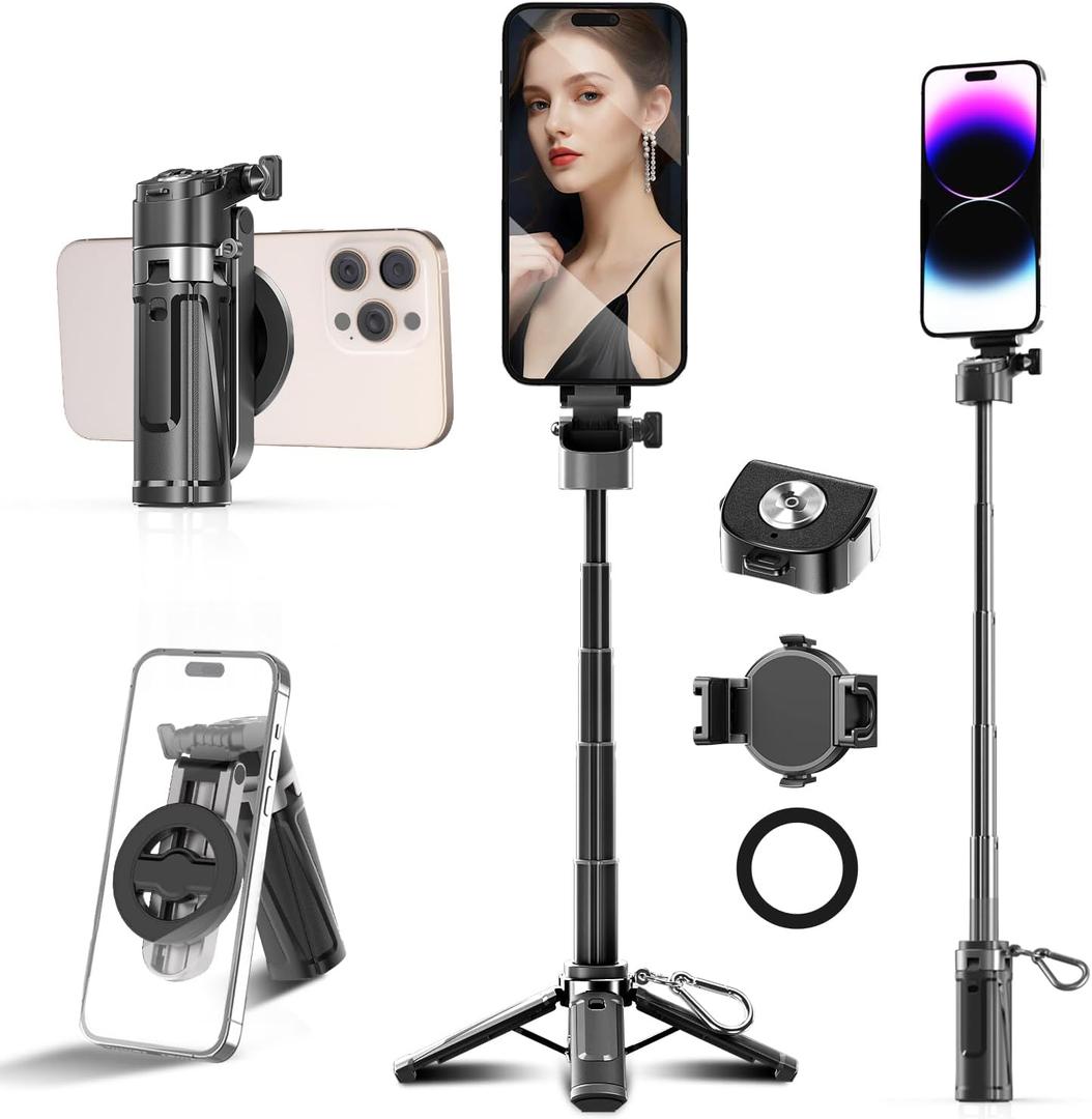 Magnetic Tripod for iPhone, Selfie Stick Tripod with Wireless Remote Pocket Size 4-16" high Upgrade 4 Leg Portable Magnetic Phone Stand for Video Recording Travel TIK Tok Vlog Live Broadcast