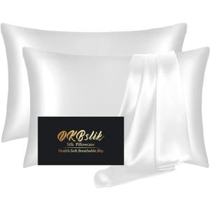 Silk Pillow Cases 2 Pack, Mulberry Silk Pillowcases Standard Set of 2, Health, Smooth, Anti Acne, Beauty Sleep, Both Sides Natural Silk Satin Pillow Cases for Women 2 Pack with Zipper for Gift, White