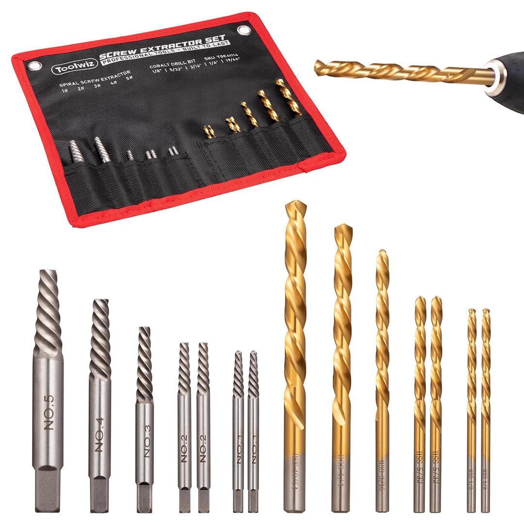 Toolwiz Easy Out Screw Extractor Set  14PCS Broken Bolt Extractor Kit with HSS Left Handed Drill Bits for Removing Stripped Screws, Broken Bolts, Damaged Nuts Easy Out Set with Canvas Bag