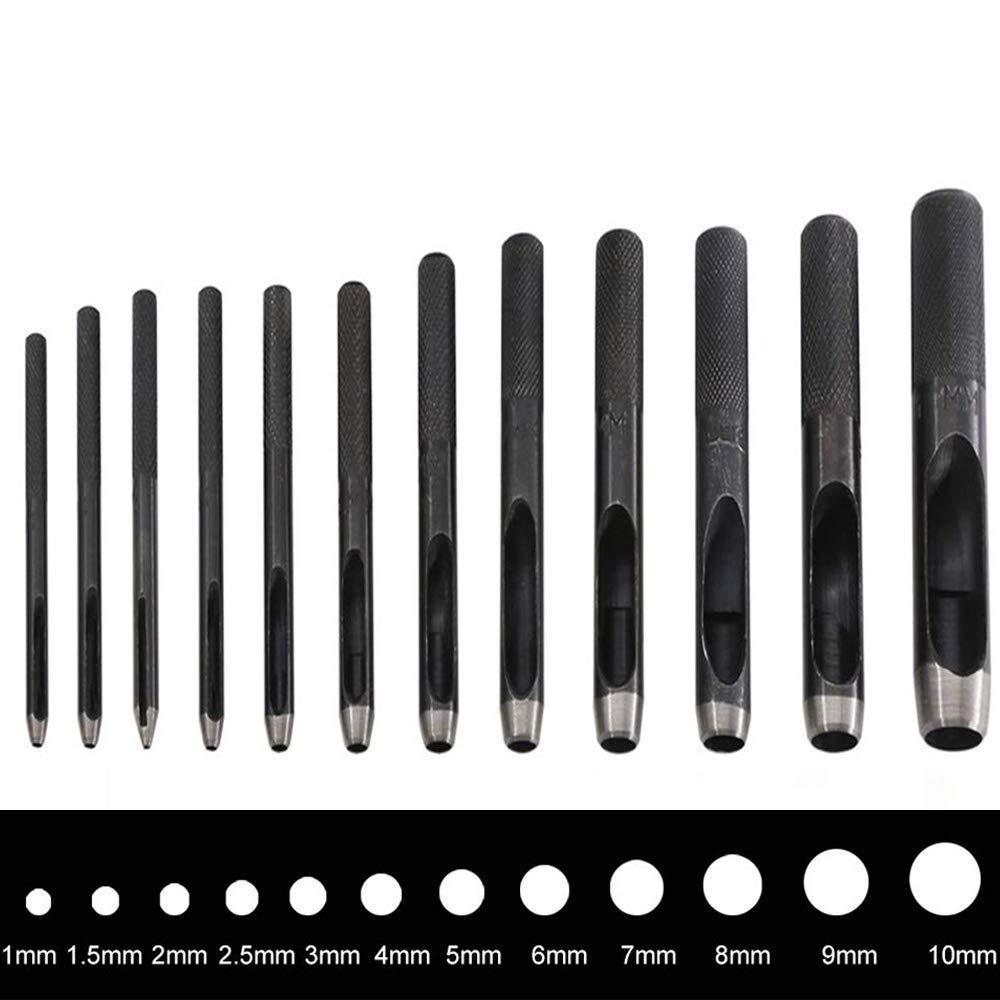 12Pcs Round Leather Hole Punch Tool Round Hollow Punch Set, Aulufft Leather Craft Punch Tool Hollow Hole Punch 1mm to 10mm for Watch Bands Belts Canvas Paper Plastic Models