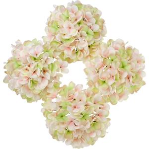 Hollyone Pink Green Silk Hydrangea Artificial Flowers Heads 7.4inch Large Fake Hydrangea 4Pcs Full Faux Flowers with Stems for Wedding Party Table Centerpieces Flower Arrangement Home Decor