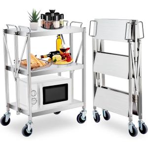 Upgraded Superior Foldable Stainless Steel Utility Cart, 300 LBS Heavy - Duty Load Limit, 3 - Tier Extra - Large Storage with Lockable 360 Rotating Wheels, Heavy - Duty Rolling Cart for Restaurant, G