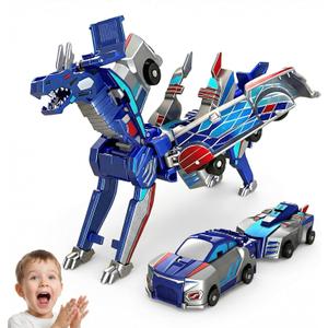 Collision Transforming Dinosaur Car Toy, 2-in-1 Magnetic Cars Convert to Dinosaur Robot, Crash-Activated Deformation, Easter Birthday Gift for Boys Girls Age 3-12 (Blue) + 2 Dino Stickers