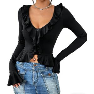 Women Going Out Tops Ruffle Trim Button Front Deep V-NeckFlared Sleeve Long Shirt Y2k Crop Top (X-Large, Black)