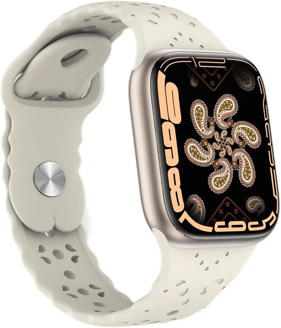 Floral Silicone Band Compatible with Apple Watch 38mm 40mm 41mm Women Men Hollow-Out Design Wristbands Soft Sport Breathable Watch Bands for iWatch Ultra SE Series 8 7 6 5 4 3 2 1 Starlight