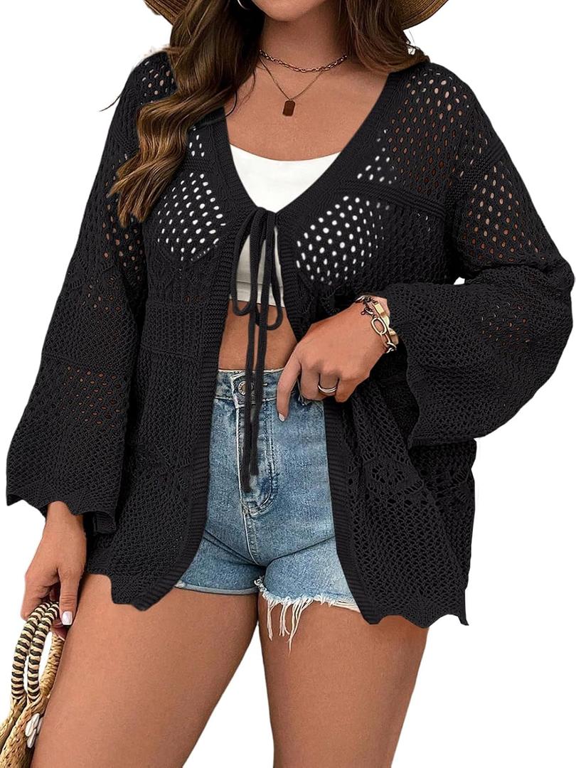 Women's Plus Size Lightweight Cardigans Tie Front Summer Crochet Long Sleeves Hollow Out Thin Cardigan (Black, XXXL)
