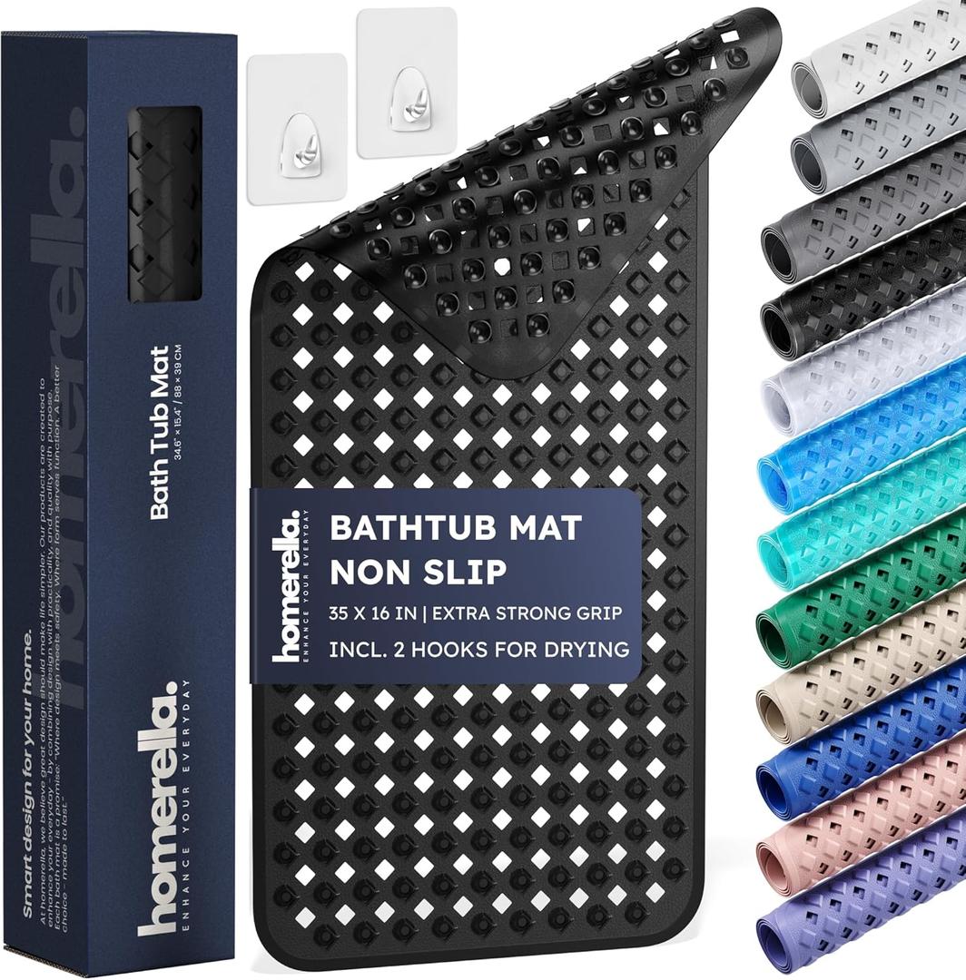Bathtub Mat Non Slip 35x16 - homerella Bath Mat Incl. Hooks for Drying, Extra Long, 100% BPA Free, Shower Mat Non Slip Anti Mold, Machine Washable, Shower Mats for Inside Shower Mildew Resistant (34.5" x 15.5" (Rectangular), Black)
