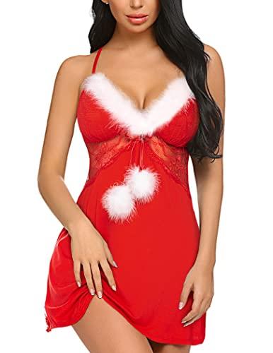 Avidlove Women Lace Modal Christmas Day Sleepwear Chemises V-Neck Full Slip Babydoll Nightgown Red M