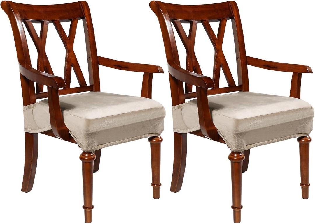 Havawish Large Velvet Dining Room Chair Seat Covers with Armrest Dining Chair Slip Covers Protectors(Taupe,2 Pcs)