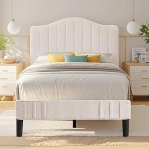 VECELO Twin Bed Frame Upholstered Platform Bed Frame with Height Adjustable Teddy Fabric Headboard, Strong Wood Slats Supports 7.9'' Under Bed Space Noise Free No Box Spring Needed, Cream