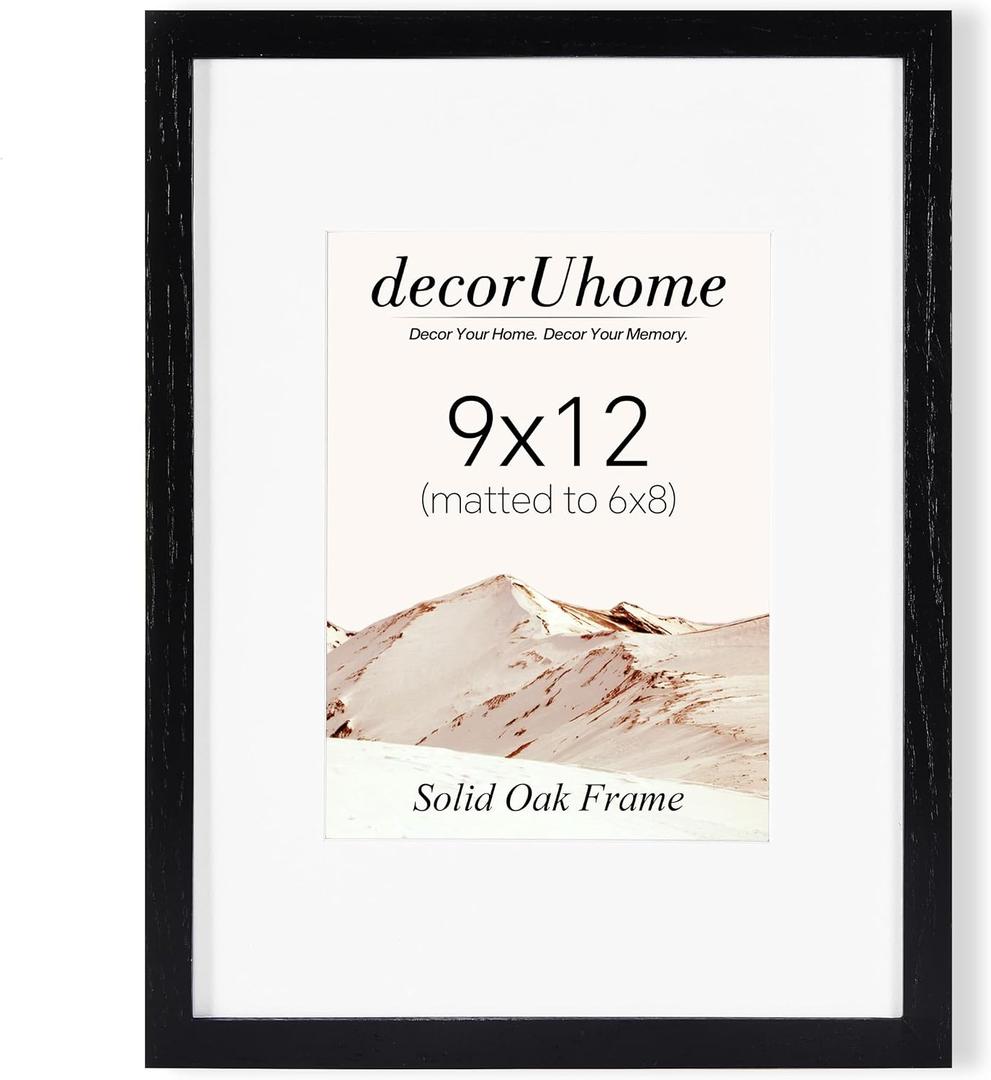 decorUhome Solid Oak Wood 9x12 Picture Frame Black, OW11BK | Matted to 6x8 Pictures with High Definition Plexiglass Cover For Wall & Tabletop Display Photo Frame