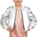 Perfashion Metallic Bomber Jacket for Girls Zip Up Cropped Jacket Sparkly Lightweight Coat Windbreaker with Pockets (12-13 Years, Silver-453)