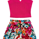 Women's 2 Piece Summer Vacation Outfits Floral Print Cami Crop Tops and Tie Front Shorts Set M