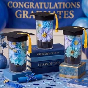 3 x FoldTier 38 Pcs 2026 Graduation Table Centerpieces Set, DIY Grad Party Decorations with Mason Jar Style Vases, Felt Caps, Artificial Flowers, Eucalyptus Sprigs, Class of 2026 Table Decor Gifts(Blue)