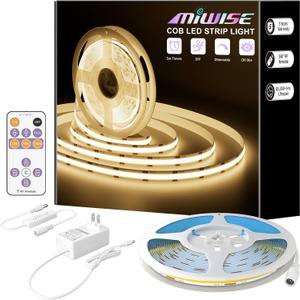 MIWISE COB LED Strip,3000K Warm White 20ft/6.1m,Dimmable Super Bright 24V LED Strip Light,CRI 90+ Flexible Tape Light with RF Remote Timer Function,for Home/Cabinet/Bedroom/TV DIY Lighting Project
