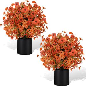 Artificial Fall Flowers in Pot, 2 Pack | UV Resistant | Fake Mums Bushes Floral Plants 24” for Outdoor Decor | Autumn Decorations for Front Porch Garden Yard Patio (Orange-Mix Flower)