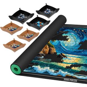 Jigsaw Puzzle Mat Roll Up, Portable Saver Pad 53 x 35 Up to 3000 Pieces, Puzzle Matt Rollup with Non-Slip Rubber Bottom & Smooth Top. (6 Sorting Trays & 1 Storage Bag) (Black)