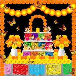 64 Pcs Dia De Los Muertos Altar Ofrenda Wooden Day of the Dead Ofrenda Altar with Photo Frame Altar De Muertos Ofrenda Decoration Included Marigold Garland Banner Marigold Flowers Butterflies Candles