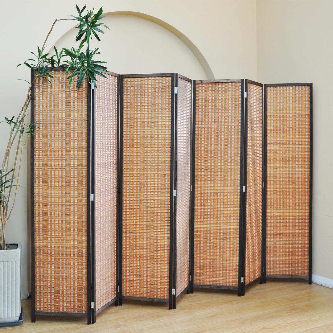 7 Panel Bamboo Room Divider - Folding Screen for Room Separation, 67" H x 107.5" W, Brown