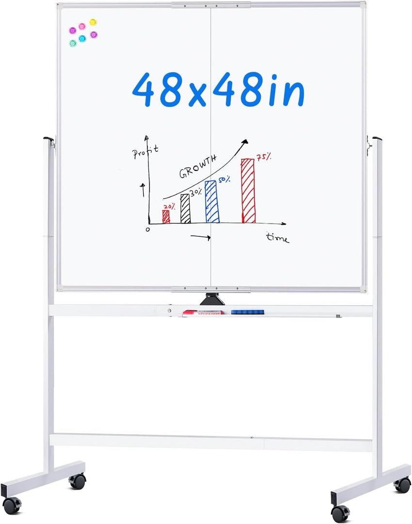Maxtek Rolling Whiteboard, 48x48 Large Magnetic White Board with Stands, Big Double-Sided White Board Dry Erase on Wheels for Homeschool, Home Office, Office, School