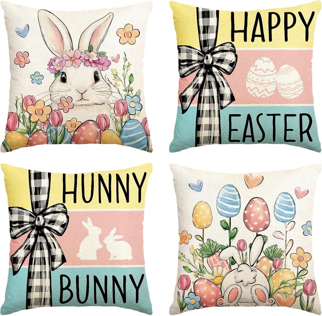 Easter Pillow Covers 18x18 set of 4,Vintage Decorative Eggs Bunny Throw Pillow Covers Retro Linen Pillowcases, Spring Holiday Home Decor Farmhouse Sofa Cushion Living Room Bedroom Happy Easter Gifts