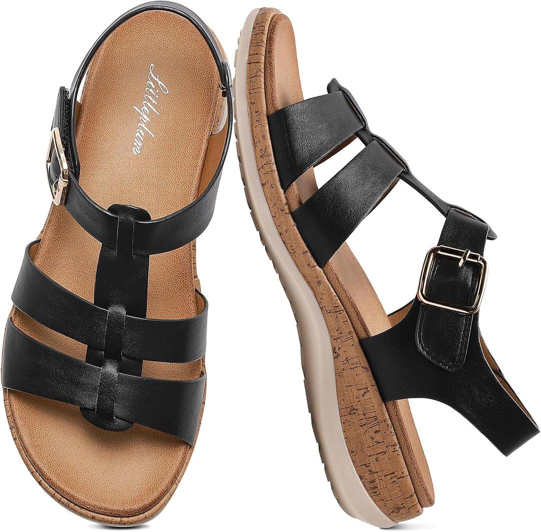 Littleplum Women's Flat Sandals– Comfortable Arch Support Womens Sandals, Summer Breathable Adjustable Orthotic Walking Shoes for Beach,Travel (Black), Size 10.5