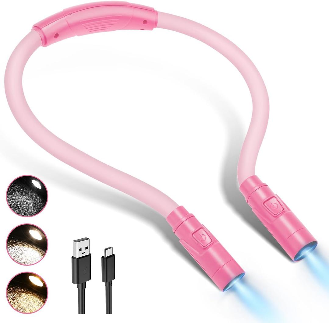 LUXJET 80 Hours Neck Light, Rechargeable Book Light for Reading with 3 Color Modes, Hands-Free Lamp for Camping, Crafts, Travel, Ideal Gift for White Elephant Stocking Stuffer (Three Color Temperature (6000K-4000K-3000K), Pink)