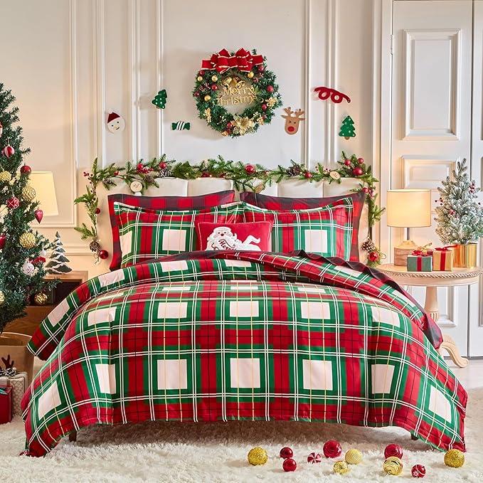  Christmas Duvet Cover Twin Size Red Green White Plaid Xmas Holiday Pattern Design, Soft Microfiber Duvet Cover with Zipper Closure