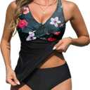 Yonique Tankini Swimsuits for Women Tummy Control Bathing Suits Two Piece Tankini Tops with Bikini Bottoms Twist Swimwear (Medium, Floral Print and Black)