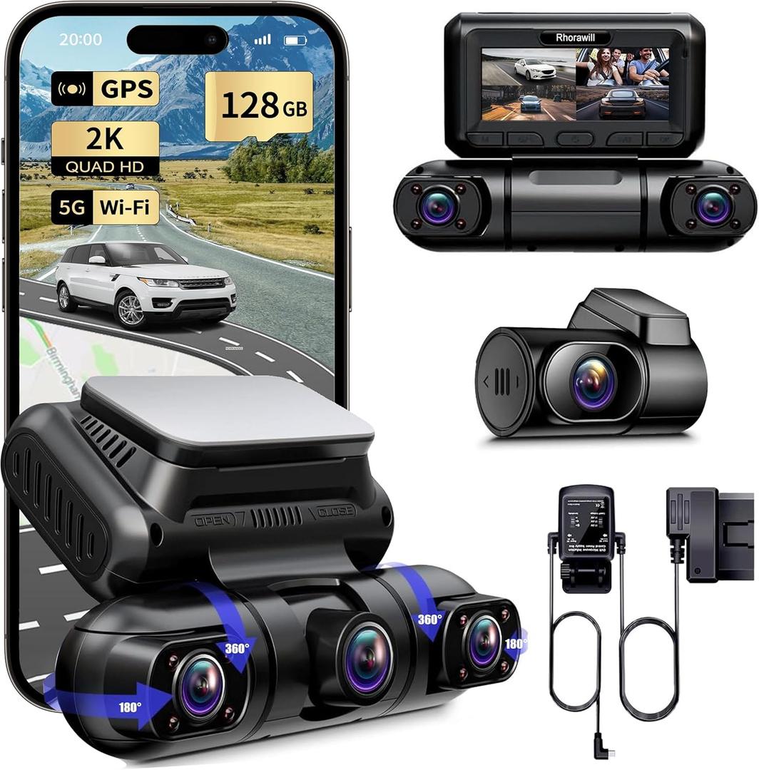 Rhorawill 4 Channel Dash Cam,Front Rear Inside Left Right Full HD Car Camera,Radar Motion Detection Car Dashboard Camera Recorder,5G WiFi GPS,Night Vision,24H Parking Mode,3 Free 128GB,Hardwire Kit