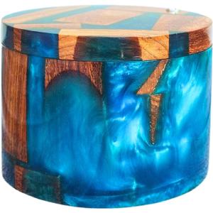 Resin Wooden Salt Box with Magnetic Swivel Lid - Handcrafted Namakdani - Rosewood Container for Celtic Salt, Spice, Pepper, Salt Herbs- Elegant Kitchen Accessory for Decorative Countertop(Blue Resin)