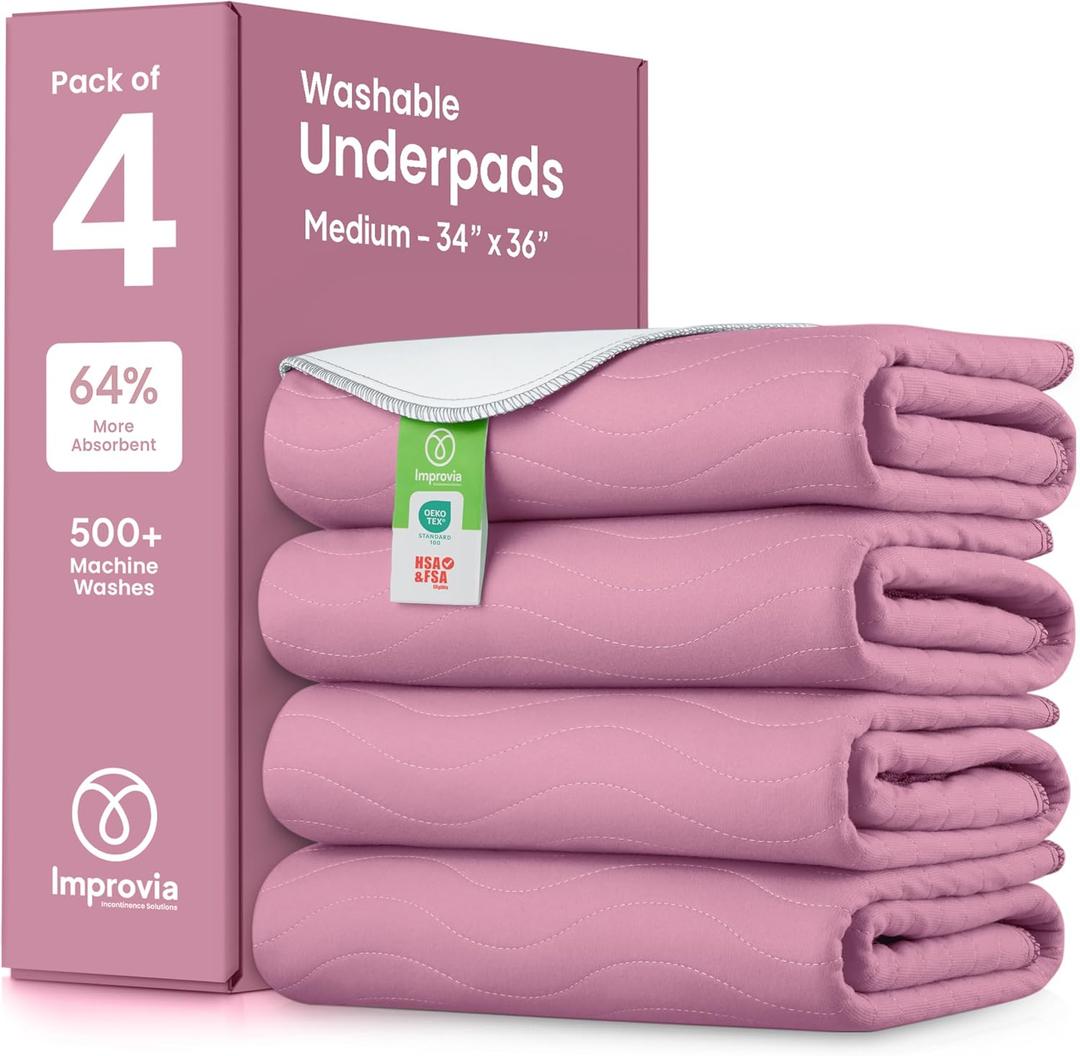 IMPROVIA Washable Underpads, Heavy Absorbency Reusable Incontinence Pads for Kids, Adults, Elderly, and Pets, Waterproof Protection Floor (Pink and White, 34" x 36" - Pack of 4)