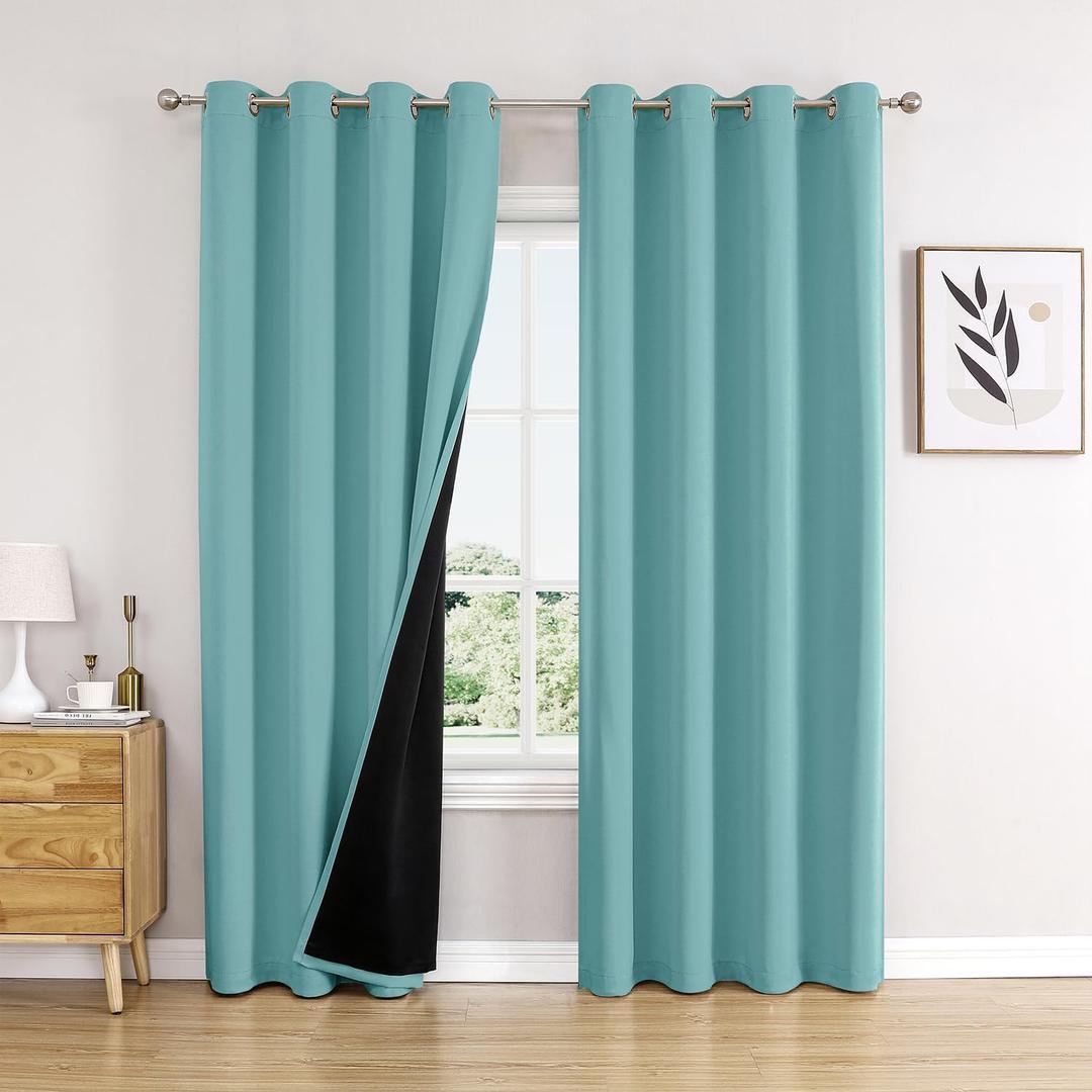 ChrisDowa 100% Blackout Curtains 84 inch Long for Bedroom with Black Liner, 2 Thick Layers Total Blackout Thermal Insulated Grommet Window Curtains 2 Panels Set (Aqua, 52 x 84 Inch)