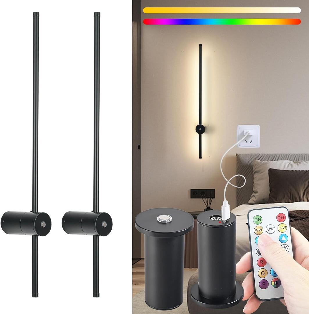 31.5 inch Battery Operated Wall Sconce Set Of 2, 10000mAh Rechargeable Wall Light With Remote Control, RGB Dimmable Wireless Sconces Wall Decor For Bedroom Living room Hallway, 360Rotate, Black