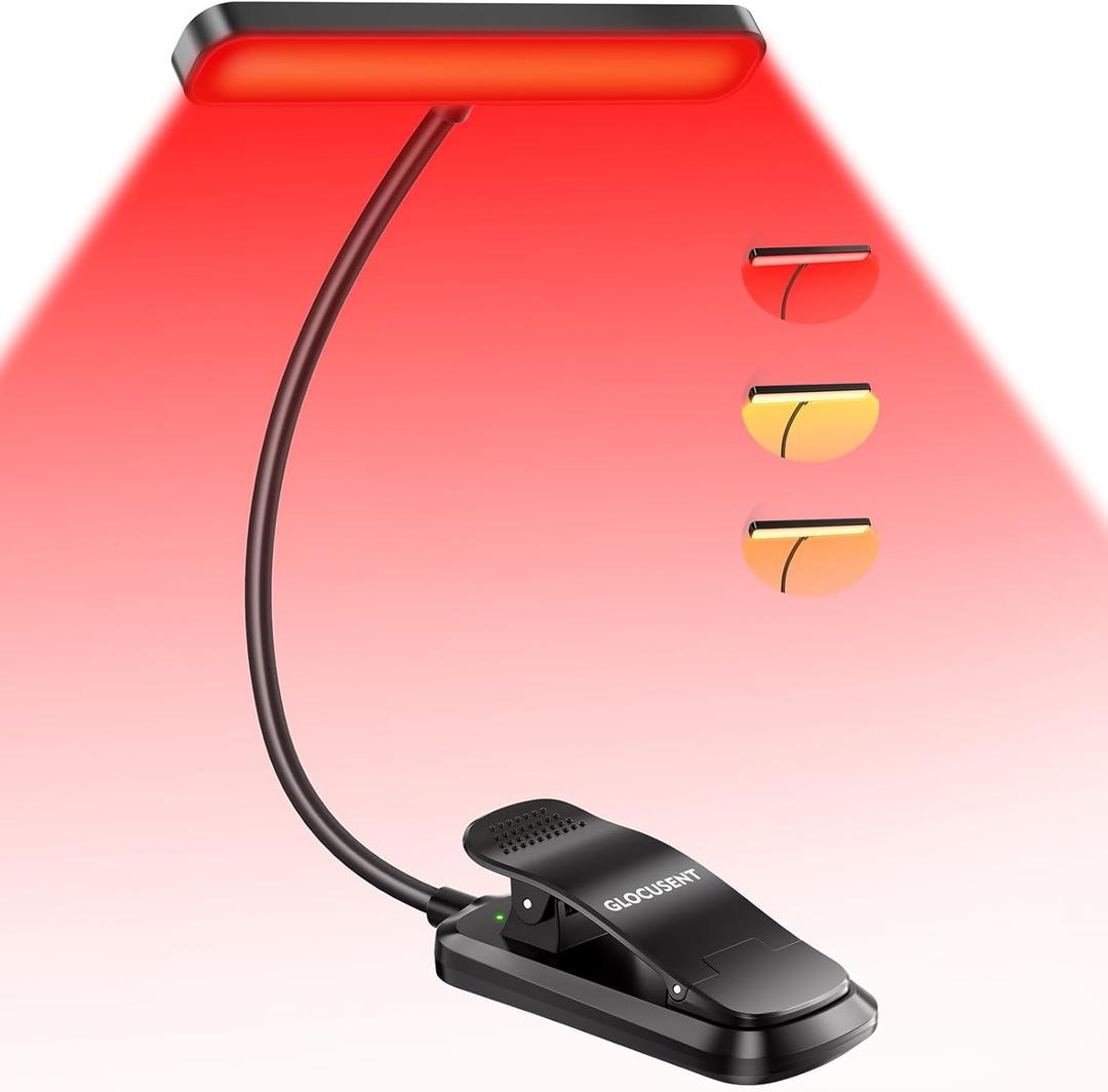 Glocusent 630nm Red Light Reading Light, 26 LEDs Zero Blue Light, 1600K Amber Book Light with 3 Modes & 5 Brightness Dimmable, 120H Runtime, Eye-Care Clip on Light for Book Lovers and Kids