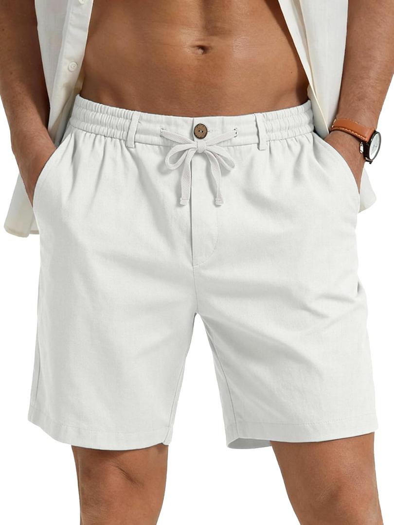 PLEPAN Mens Casual Linen Shorts - 7 inch Elastic Waist Drawstring Summer Beach Vacation Short (Large, White)