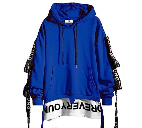 DUDHUH Mens Hoodie Fashion Pullover Letter Print Tracksuit Techwear Casual Coat Hip-Hop Sweatshirt Blue size small