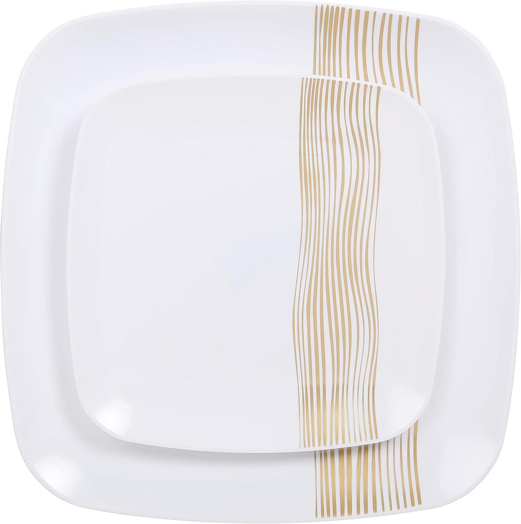R-kay Gold Plastic Plates - 40 Pack - 20 Square 10.25'' & 20 Round 7.5'' Disposable Plates - Heavy Duty Plastic Plates for Party & Wedding