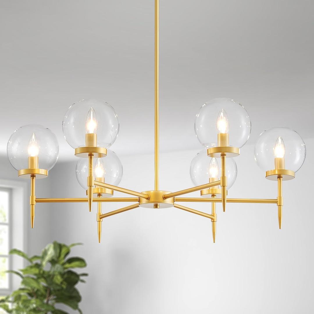 6-Light Golden Glass Bubble Chandelier, Mid-Century Modern Design for Dining Room, Gold Pendant Lighting Fixure for Kitchen, Living Room, Bedroom, 6*E12 Socket, D33.5 inch*H21~50 inch, Large