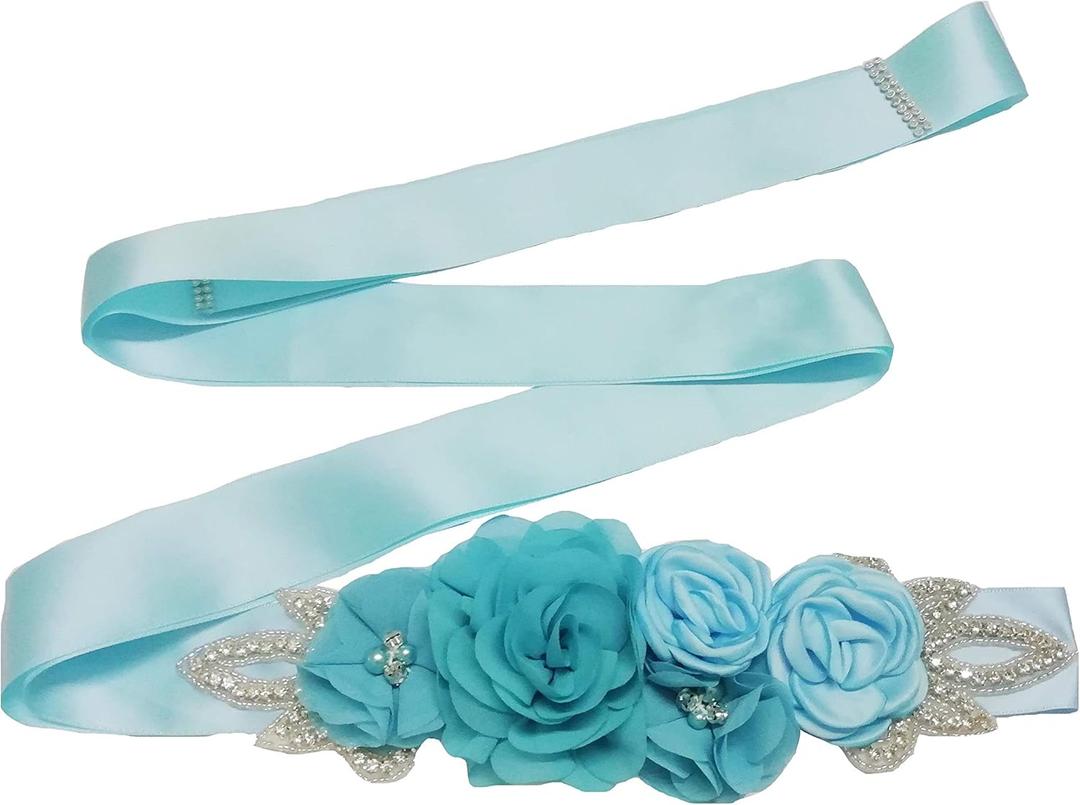Lauthen.S Sash Belt with Flowers Pearls Rhinestone for Wedding Bride/Baby Shower Dress (Blue)