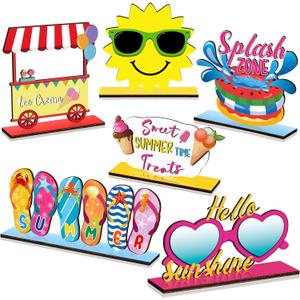 Barydat 6 Pcs Summer Wooden Table Decor Hello Summer Wood Signs Sunshine Table Centerpieces Beach Table Decor Farmhouse Tiered Tray for Home Kitchen