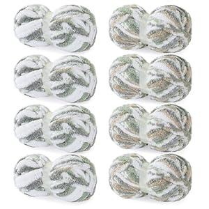 Hombys 8 Pack Tie Dye Chunky Chenille, Fluffy Soft Jumbo Yarn for Chunky Blanket, Large Thick Arm Knitting Yarn, (8, Green, Khaki, Grey, White)
