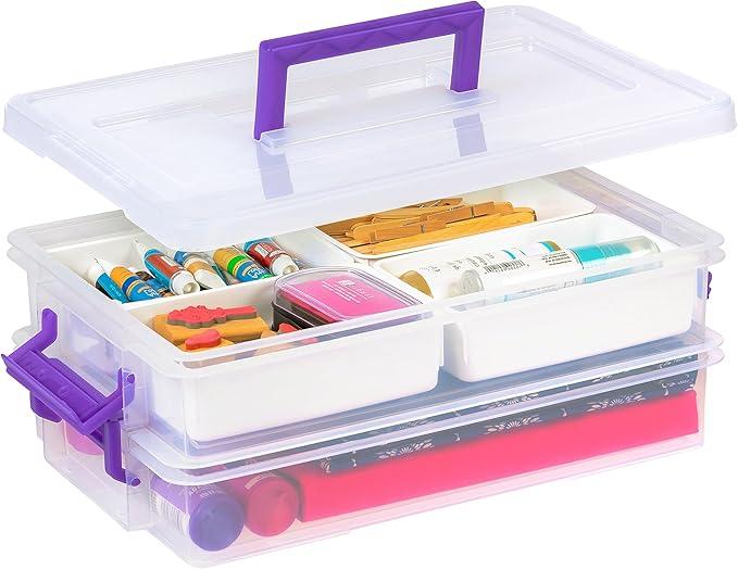 Plastic Craft Storage Container Small Art & Office Supply Organizer Tote, Sensory Bins & Boxes for Home & University, Stackable, Secure Latch Buckles, Clear