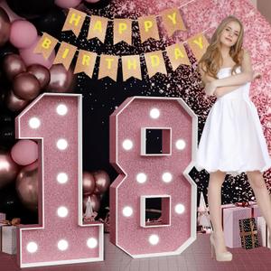 Marquee Numbers Pink 18th-Birthday Decorations: Large 3ft Light Up Number Rose Gold 18 Birthday Decoration for Boy Girl 18 Year Old Teen Birthday Party Decor Backdrop Anniversary Big Mosaic Number 18